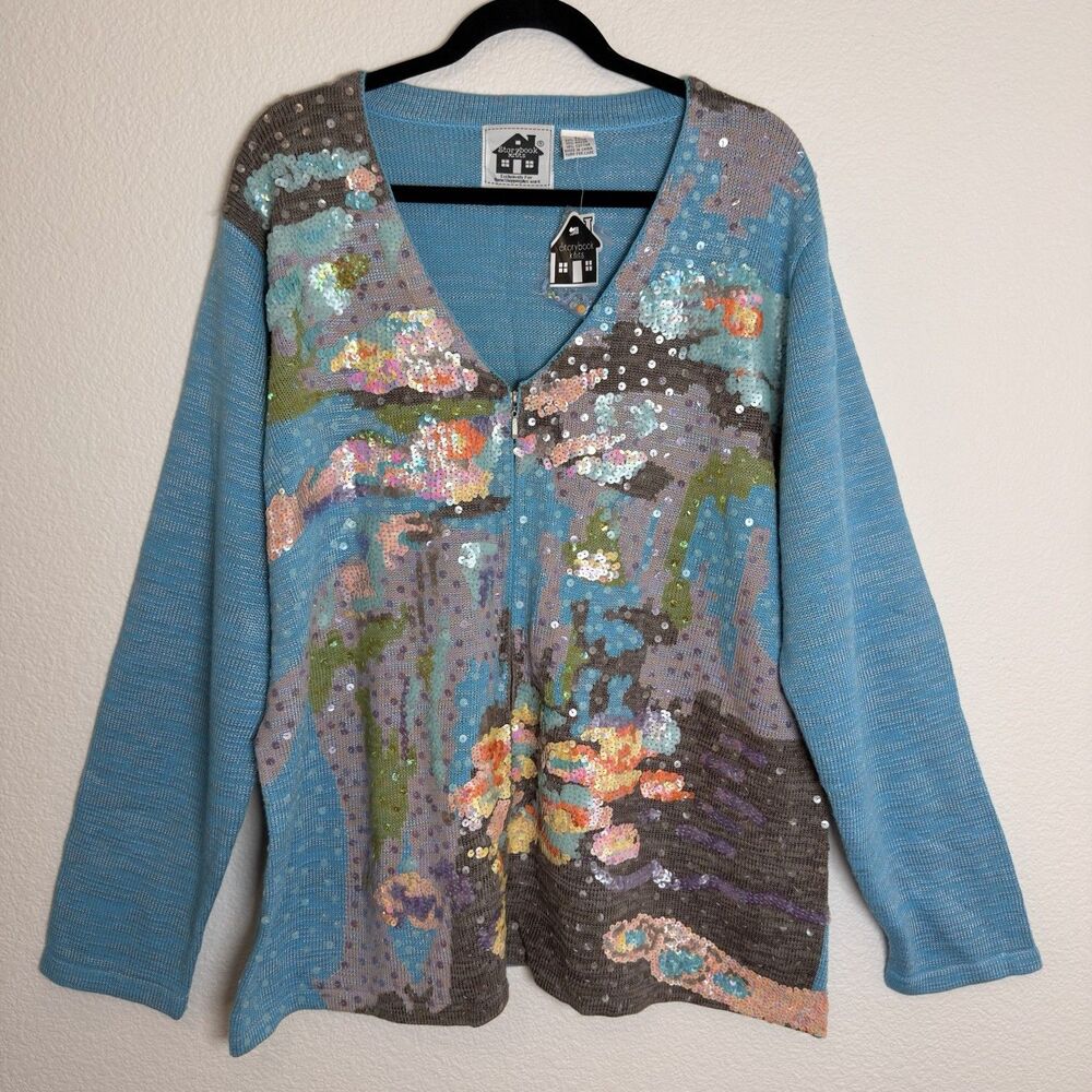 Storybook Knits Water Lilies Monet Sequin Cardigan 3X NWT Blue Zip Wearable Art